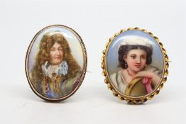 Two hand painted enamel miniature portrait brooches, both in yellow metal frames, tested as 9ct