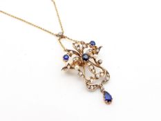 Art Nouveau sapphire, pearl and diamond pendant/brooch, with old cut and rose cut diamonds, round