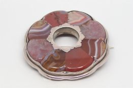 Scottish agate target brooch, red, brown and white agate, silver set, 51mm diameter