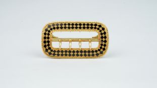 French gold and enamel buckle, textured gold with black enamel diamond shaped detail, mounted in