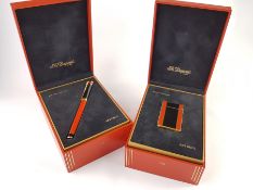 DUPONT LIGHT AND FOUNTAIN PEN SET, red and black enamel lighter, box papers, limited to 1500 pieces,