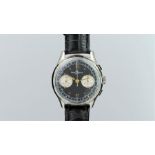 GENTLEMEN'S BAUME & MERCIER VINTAGE STAINLESS STEEL CHRONOGRAPH, circular black and gilt twin