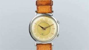 GENTLEMEN'S JAEGER LECOULTRE MEMOVOX STAINLESS STEEL WRISTWATCH, circular patina dial with gold