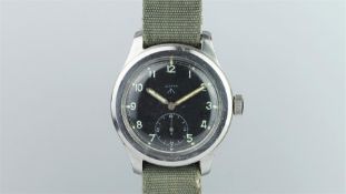 RARE MILITARY CYMA VINTAGE STAINLESS STEEL WRISTWATCH, circular black dial with a subsidiary dial at