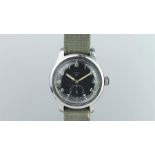 RARE MILITARY CYMA VINTAGE STAINLESS STEEL WRISTWATCH, circular black dial with a subsidiary dial at