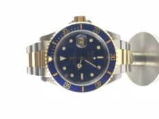 GENTLEMEN'S BI METAL ROLEX SUBMARINER BI METAL w/ BOX & PAPERS REF. 16613, circular two tone blue