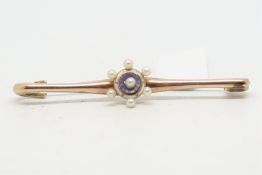 Pearl and enamel brooch, pearl cluster with blue and white enamel centre, rose gold safety pin style