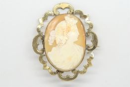 Victorian shell cameo brooch, in a yellow metal openwork surround, tested as 9ct, measures