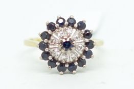 Sapphire and diamond cluster ring, set with round cut sapphires and single cut diamonds, mounted