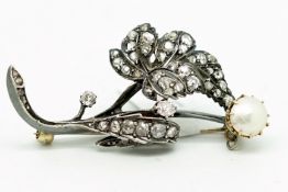 Victorian pearl and old cut diamond floral brooch, 8mm pearl claw set, old and rose cut diamond