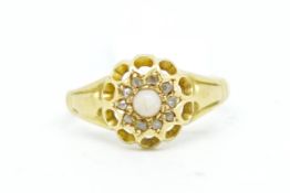 Antique opal and diamond ring, round cut opal, surrounded by rose cut diamonds, in yellow gold