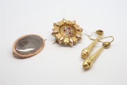 A Georgian yellow metal mourning brooch tested as 9ct, together with a pair of Victorian yellow