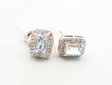 Pair of aquamarine and diamond ear studs, mounted in 9ct white gold