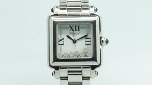 LADIES CHOPARD HAPPY SPORT, square white dial with roman numerals, floating diamonds, stainless