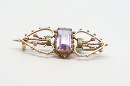 Victorian amethyst brooch, rectangular cut amethyst, bead design mount, 38x15mm, in yellow metal