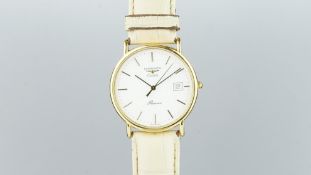 GENTLEMEN'S LONGINES RESENCE WRISWATCH, white dial, date aperture, gold plated, stainless steel case