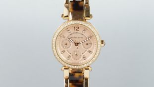 LADIES' MICHAEL KORS WRISTWATCH, salmon dial, triple register, quartz, rose gold plated.