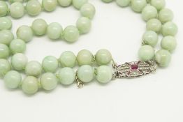 Two row jade bead necklace, beads measure an estimated 9mm, on a ruby and diamond set clasp