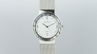 LADIES' SKAGEN DIAMOND DIAL WRISTWATCH, silver brushed dial, diamond set, date aperture, stainless