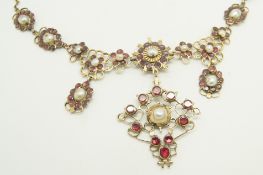 An antique garnet and pearl necklace, comprising of Georgian garnet and pearl clusters, in silver