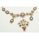 An antique garnet and pearl necklace, comprising of Georgian garnet and pearl clusters, in silver