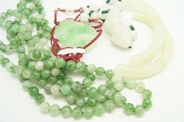 Selection of jade, including a broken jade bangle, a dyed jade bead necklace, a jade bracelet and