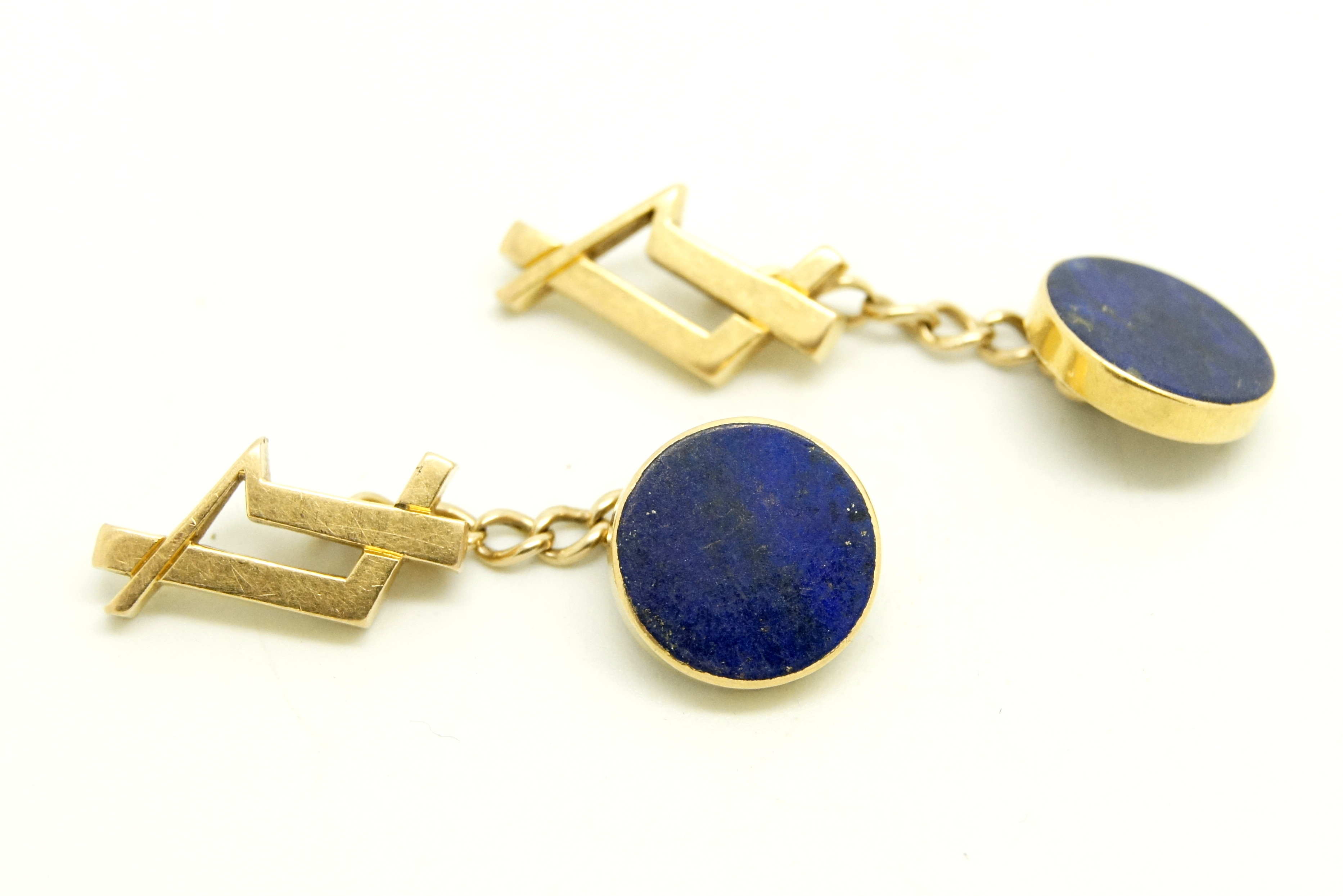 Pair of French lapis lazuli cufflinks, circular disc of lapis lazuli with a chain link connection to