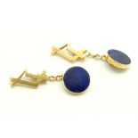 Pair of French lapis lazuli cufflinks, circular disc of lapis lazuli with a chain link connection to