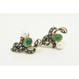 Emerald, diamond and pearl earrings, set with rose cut diamonds, mounted in yellow metal, post and