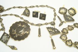 Selection of gold plated jewellery of similar design, including cufflinks, necklaces and brooches