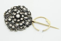 Georgian cloak pin, set with rose cut diamonds in a floral settings, mounted in silver on gold