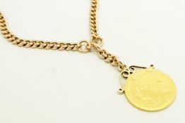 George IV 1822 full sovereign pendant on a 9ct rose gold Albert chain, gross weight approximately