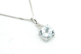 Aquamarine and diamond pendant, square cushion cut aquamarine, with six round cut diamonds set in