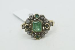 Georgian emerald and diamond ring, central emerald, with a round cut emerald at each cardinal point,