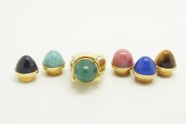 Gem set ring, unusual design with six interchangeable heads, set with chalcedony, rhodonite,