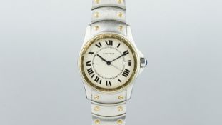 LADIES' CARTIER BI COLOUR WRISTWATCH REF. 1551, off white dial, Roman numerals, date aperture, steel