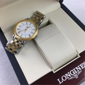 Gentlemen'sÂ Longines Bi Colour w/ Box & Papers, circular white dial with roman numerals and inner