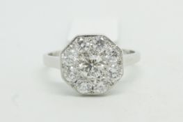 Diamond cluster ring, round brilliant cut diamonds, pave set in an octagonal panel, estimated