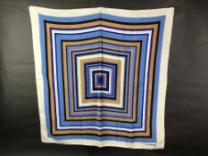 Guy Laroche vintage silk crepe de chine scarf in blue, black, white and tan square detail