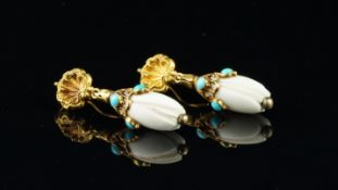 Antique white hardstone and turquoise drop earrings, with engraved gold detail, on French wires