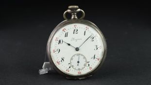 LONGINES SILVER POCKET WATCH, circular white and enamel dial with Arabic numerals and a sub dial
