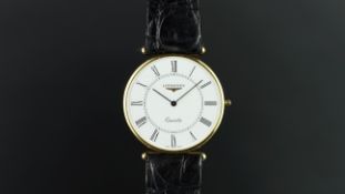 GENTLEMEN'S LONGINES DRESS WATCH, circular white dial, black Roman numerals, 18ct slim case,