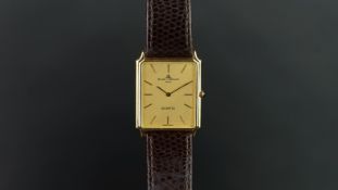 GENTLEMEN'S BAUME & MERCIER 18K GOLD WRISTWATCH W/ BOX AND PAPERS, rectangular champagne dial with