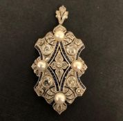 French Art Deco diamond, sapphire and pearl pendant/brooch, four 6mm white pearls, set with