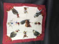 Hermes Chasse a Vol Square Silk Scarf with Eagle print in burgandy and cream. Approximately 88x91cm