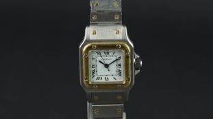 LADIES' CARTIER SANTOS AUTOMATIC BI COLOUR WRISTWATCH, square white dial with Roman numerals and