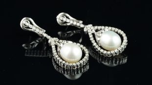 South Sea pearl and diamond drop earrings, 12.6mm South Sea pearl, suspended within a diamond set