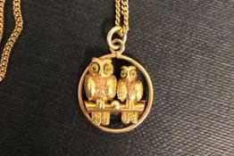 Owl pendant on a chain, yellow metal owl pendant, depicting two owls sitting on a branch, tested