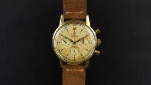 GENTLEMEN'S OMEGA SEAMASTER 18K GOLD CHRONOGRAPH, circular patina triple register dial with gold