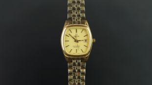 LADIES' OMEGA SEAMASTER QUARTZ GOLD PLATED WRISTWATCH, rounded square champagne dial with baton hour